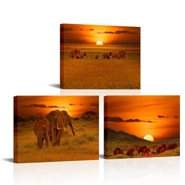 Orange_3_Piece_Elephant_At_Sunset_Landscape_Canvas_Wall_Art_African_Animals_Picture_Prints_Nature_Sunshine_Paintings_|_For_Modern_Kids_Room_Bedroom_Decoration_12X16Inch_Each_Panel