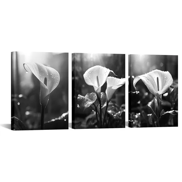 Black_3_Pieces_Calla_Lily_Canvas_Wall_Art_Black_And_White_Flower_Pictures_Print_Floral_Artwork_Wall_Decor_|_For_Living_Room_Bedroom_12"X16"X3Pcs