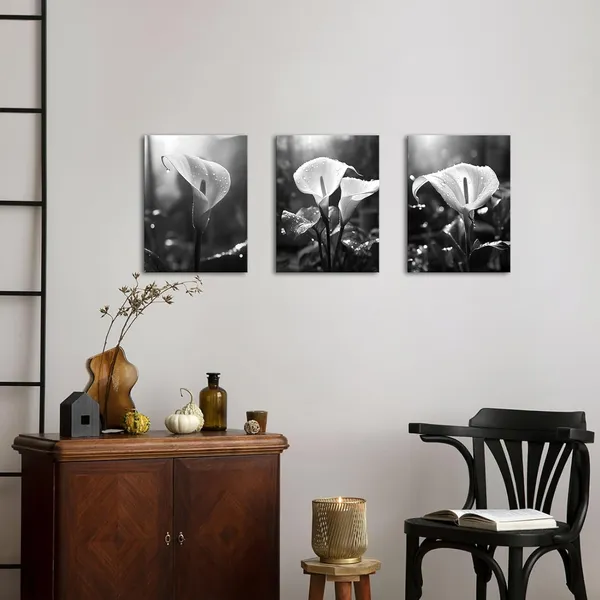 Black_3_Pieces_Calla_Lily_Canvas_Wall_Art_Black_And_White_Flower_Pictures_Print_Floral_Artwork_Wall_Decor_|_For_Living_Room_Bedroom_12"X16"X3Pcs