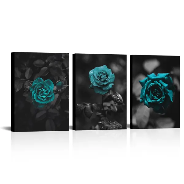 Black_White_3_Pieces_Teal_Rose_Canvas_Wall_Art_Romantic_Aqua_Flower_Canvas_Prints_Pictures_Black_Painting_Artwork_Wall_Decor_|_For_Living_Room_Bedroom_Bathroom_Office_12X16Inchx3Pcs