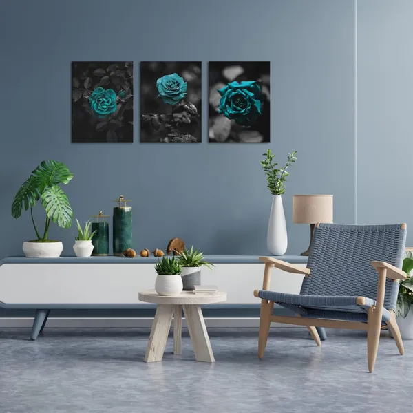 Black_White_3_Pieces_Teal_Rose_Canvas_Wall_Art_Romantic_Aqua_Flower_Canvas_Prints_Pictures_Black_Painting_Artwork_Wall_Decor_|_For_Living_Room_Bedroom_Bathroom_Office_12X16Inchx3Pcs