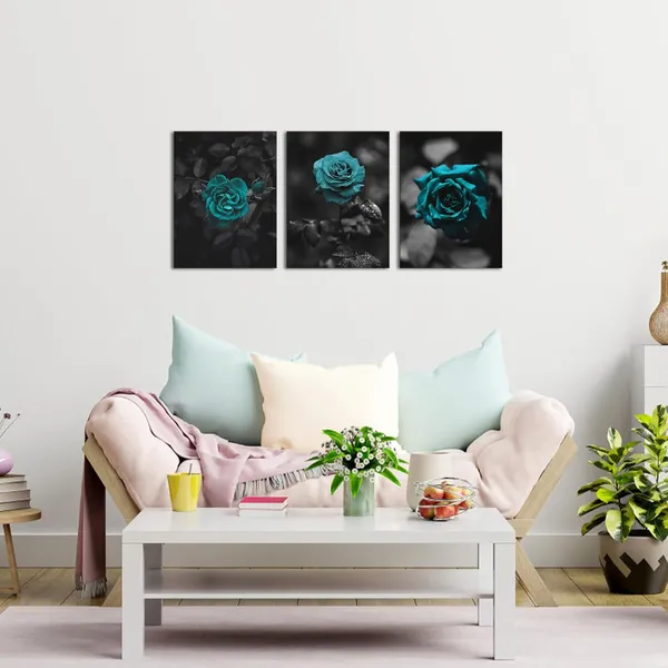 Black_White_3_Pieces_Teal_Rose_Canvas_Wall_Art_Romantic_Aqua_Flower_Canvas_Prints_Pictures_Black_Painting_Artwork_Wall_Decor_|_For_Living_Room_Bedroom_Bathroom_Office_12X16Inchx3Pcs