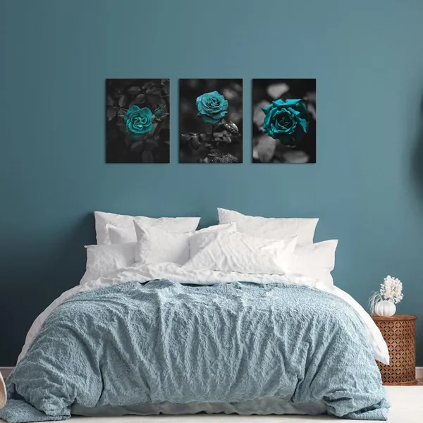Black_White_3_Pieces_Teal_Rose_Canvas_Wall_Art_Romantic_Aqua_Flower_Canvas_Prints_Pictures_Black_Painting_Artwork_Wall_Decor_|_For_Living_Room_Bedroom_Bathroom_Office_12X16Inchx3Pcs