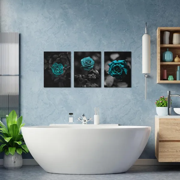 Black_White_3_Pieces_Teal_Rose_Canvas_Wall_Art_Romantic_Aqua_Flower_Canvas_Prints_Pictures_Black_Painting_Artwork_Wall_Decor_|_For_Living_Room_Bedroom_Bathroom_Office_12X16Inchx3Pcs