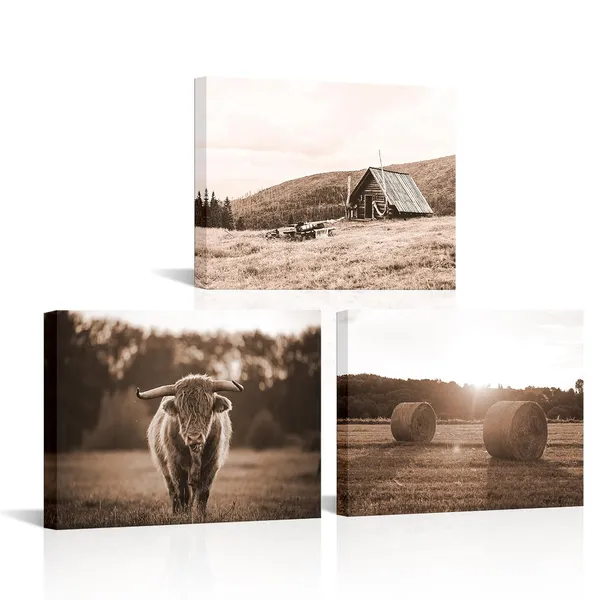 Brown_Farmhouse_Canvas_Wall_Art_Sepia_Highland_Longhorn_Cattle_Pictures_Prints_Vintage_Barn_Cottage_Rural_Rustic_Countryside_Wall_Decor_|_For_Living_Room_Framed_Artwork_16"X12"X3_Pieces