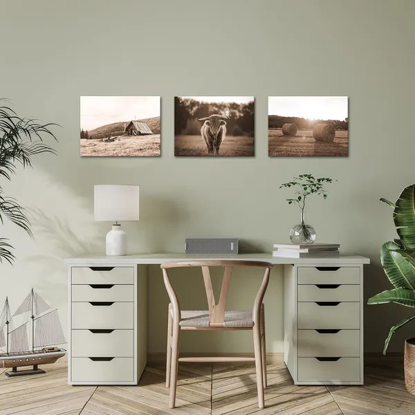 Brown_Farmhouse_Canvas_Wall_Art_Sepia_Highland_Longhorn_Cattle_Pictures_Prints_Vintage_Barn_Cottage_Rural_Rustic_Countryside_Wall_Decor_|_For_Living_Room_Framed_Artwork_16"X12"X3_Pieces