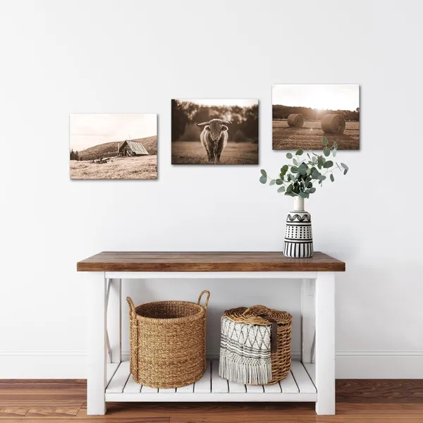Brown_Farmhouse_Canvas_Wall_Art_Sepia_Highland_Longhorn_Cattle_Pictures_Prints_Vintage_Barn_Cottage_Rural_Rustic_Countryside_Wall_Decor_|_For_Living_Room_Framed_Artwork_16"X12"X3_Pieces