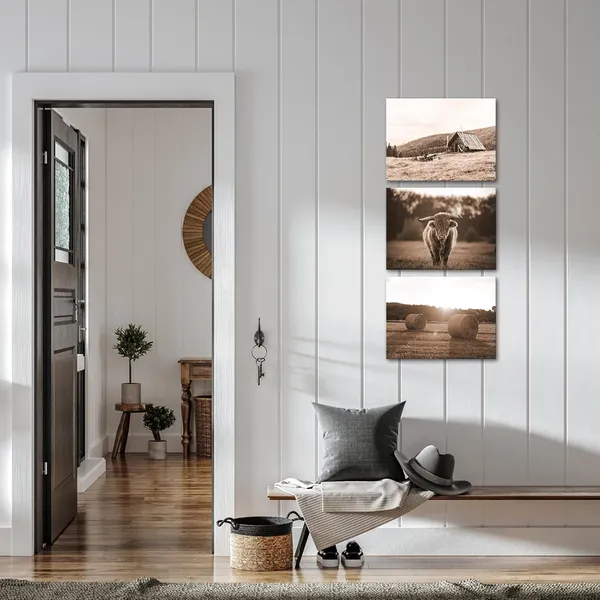 Brown_Farmhouse_Canvas_Wall_Art_Sepia_Highland_Longhorn_Cattle_Pictures_Prints_Vintage_Barn_Cottage_Rural_Rustic_Countryside_Wall_Decor_|_For_Living_Room_Framed_Artwork_16"X12"X3_Pieces