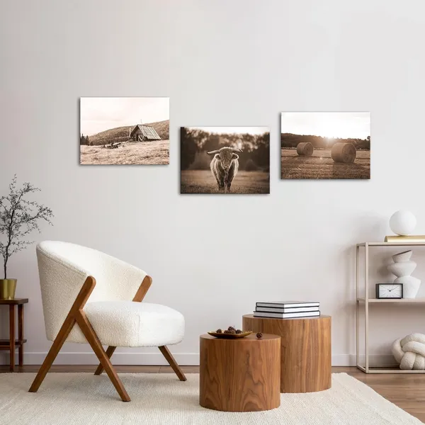 Brown_Farmhouse_Canvas_Wall_Art_Sepia_Highland_Longhorn_Cattle_Pictures_Prints_Vintage_Barn_Cottage_Rural_Rustic_Countryside_Wall_Decor_|_For_Living_Room_Framed_Artwork_16"X12"X3_Pieces