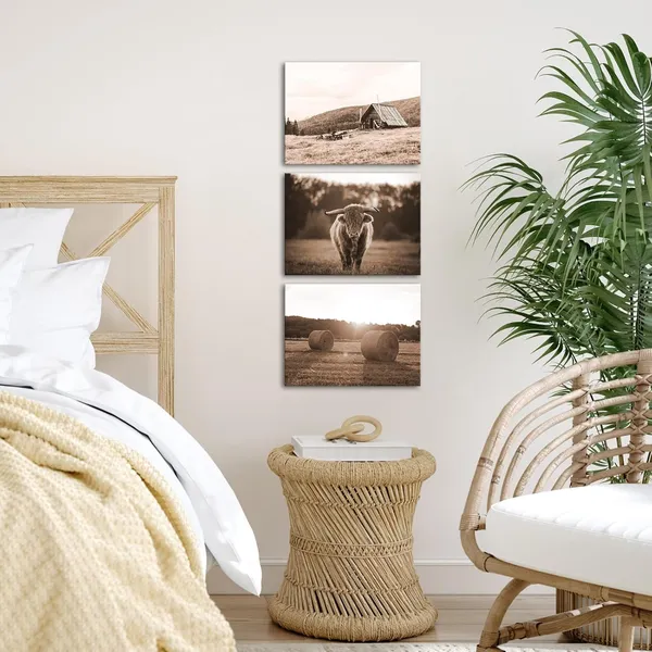 Brown_Farmhouse_Canvas_Wall_Art_Sepia_Highland_Longhorn_Cattle_Pictures_Prints_Vintage_Barn_Cottage_Rural_Rustic_Countryside_Wall_Decor_|_For_Living_Room_Framed_Artwork_16"X12"X3_Pieces