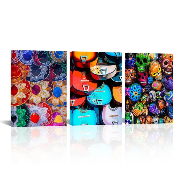 Multicolor_3_Pieces_Mexican_Sombreros_Hats_Canvas_Wall_Art_Colorful_Skulls_At_Market_Day_Of_Dead_Mexican_Folk_Music_&_Guitar_Posters_Prints_Wall_Decor_Modern_Artwork_|_For_Living_Room_12"X16"X3Pcs