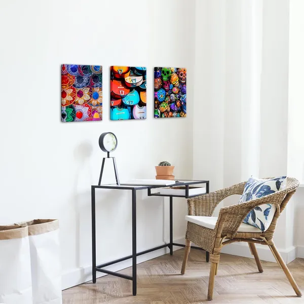 Multicolor_3_Pieces_Mexican_Sombreros_Hats_Canvas_Wall_Art_Colorful_Skulls_At_Market_Day_Of_Dead_Mexican_Folk_Music_&_Guitar_Posters_Prints_Wall_Decor_Modern_Artwork_|_For_Living_Room_12"X16"X3Pcs