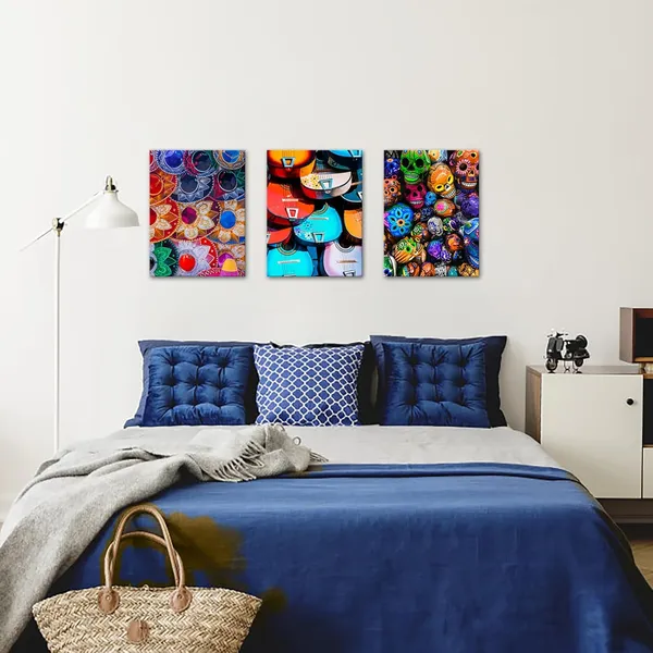 Multicolor_3_Pieces_Mexican_Sombreros_Hats_Canvas_Wall_Art_Colorful_Skulls_At_Market_Day_Of_Dead_Mexican_Folk_Music_&_Guitar_Posters_Prints_Wall_Decor_Modern_Artwork_|_For_Living_Room_12"X16"X3Pcs