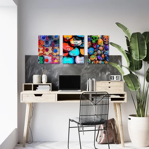 Multicolor_3_Pieces_Mexican_Sombreros_Hats_Canvas_Wall_Art_Colorful_Skulls_At_Market_Day_Of_Dead_Mexican_Folk_Music_&_Guitar_Posters_Prints_Wall_Decor_Modern_Artwork_|_For_Living_Room_12"X16"X3Pcs