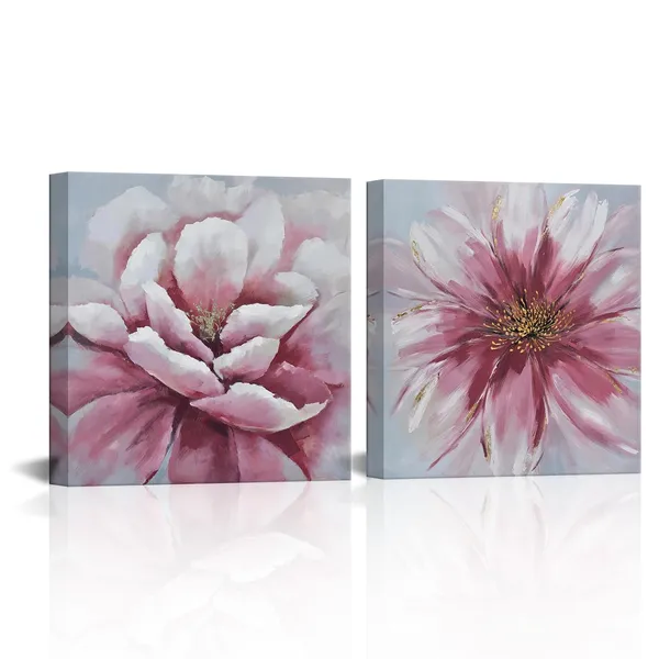 Multicolor_2_Piece_Pink_Floral_Wall_Art_Canvas_Prints_Flower_Plant_Rustic_Vintage_Botanical_Wall_Decor_Nature_Oil_Painting_Modern_Artwork_|_For_Farmhouse_Living_Room_Kitchen_Bathroom_Bedroom_12"X12"