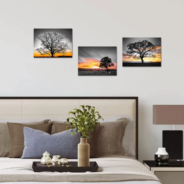 Gray_3_Pieces_Black_And_White_Tree_With_Sunset_On_Wilderness_Canvas_Prints_Wall_Art_|_Forest_Picture_Painting_Nature_Lanscape_Artwork_|_For_Living_Room_Bedroom_Wall_Decor_12X16Inchx3Pcs