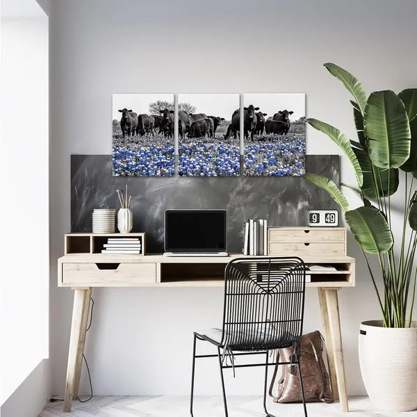 Multicolor_3_Piece_Cow_Floral_Canvas_Wall_Art_Blue_Flower_Black_And_White_Animal_Pictures_Poster_Wall_Decor_Western_Artwork_Modern_Giclee_Print_|_For_Farmhouse_Living_Room_Kitchen_Home_12"X16"X3Pcs