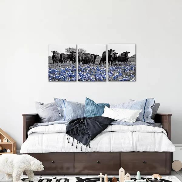 Multicolor_3_Piece_Cow_Floral_Canvas_Wall_Art_Blue_Flower_Black_And_White_Animal_Pictures_Poster_Wall_Decor_Western_Artwork_Modern_Giclee_Print_|_For_Farmhouse_Living_Room_Kitchen_Home_12"X16"X3Pcs