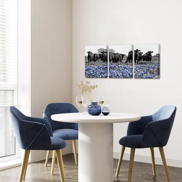 Multicolor_3_Piece_Cow_Floral_Canvas_Wall_Art_Blue_Flower_Black_And_White_Animal_Pictures_Poster_Wall_Decor_Western_Artwork_Modern_Giclee_Print_|_For_Farmhouse_Living_Room_Kitchen_Home_12"X16"X3Pcs