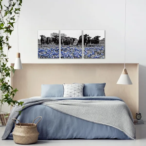 Multicolor_3_Piece_Cow_Floral_Canvas_Wall_Art_Blue_Flower_Black_And_White_Animal_Pictures_Poster_Wall_Decor_Western_Artwork_Modern_Giclee_Print_|_For_Farmhouse_Living_Room_Kitchen_Home_12"X16"X3Pcs