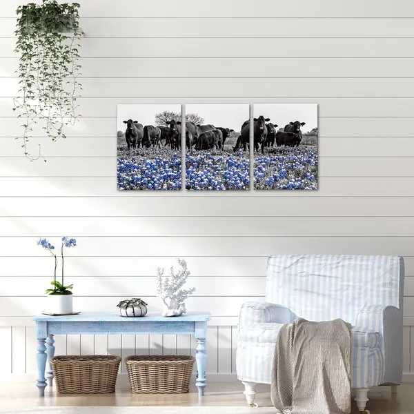 Multicolor_3_Piece_Cow_Floral_Canvas_Wall_Art_Blue_Flower_Black_And_White_Animal_Pictures_Poster_Wall_Decor_Western_Artwork_Modern_Giclee_Print_|_For_Farmhouse_Living_Room_Kitchen_Home_12"X16"X3Pcs