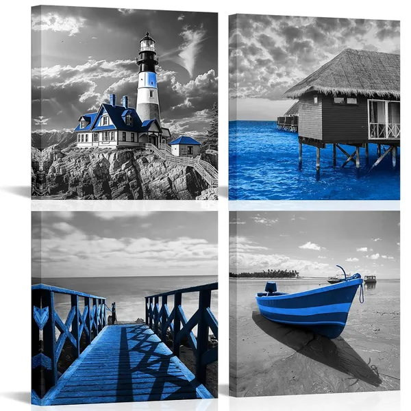 Blue_4_Pieces_Blue_Beach_Coastal_Canvas_Wall_Art_Black_And_White_Lighthouse_Boat_Boardwalk_Seascape_Ocean_Sea_Pictures_Prints_Painting_Artwork_Wall_Decor_|_For_Bathroom_Bedroom_12"X12"X4