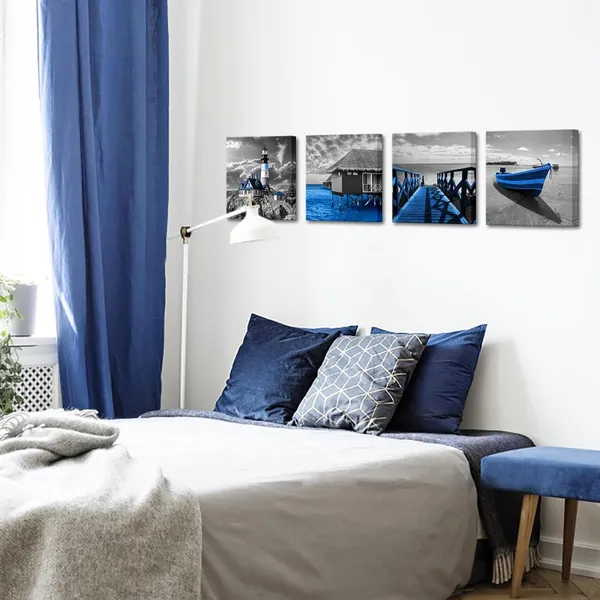 Blue_4_Pieces_Blue_Beach_Coastal_Canvas_Wall_Art_Black_And_White_Lighthouse_Boat_Boardwalk_Seascape_Ocean_Sea_Pictures_Prints_Painting_Artwork_Wall_Decor_|_For_Bathroom_Bedroom_12"X12"X4