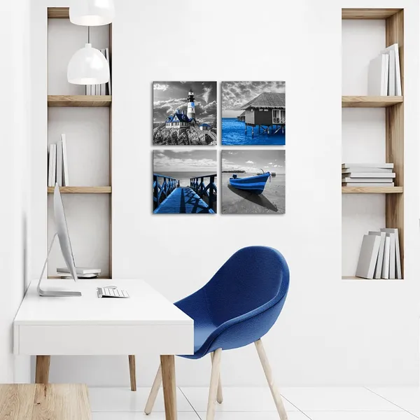 Blue_4_Pieces_Blue_Beach_Coastal_Canvas_Wall_Art_Black_And_White_Lighthouse_Boat_Boardwalk_Seascape_Ocean_Sea_Pictures_Prints_Painting_Artwork_Wall_Decor_|_For_Bathroom_Bedroom_12"X12"X4