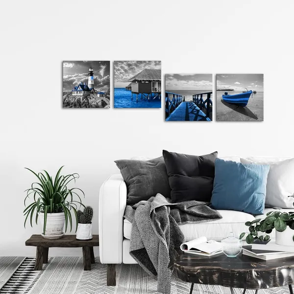 Blue_4_Pieces_Blue_Beach_Coastal_Canvas_Wall_Art_Black_And_White_Lighthouse_Boat_Boardwalk_Seascape_Ocean_Sea_Pictures_Prints_Painting_Artwork_Wall_Decor_|_For_Bathroom_Bedroom_12"X12"X4