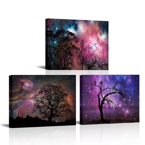 Black_3_Pieces_Galaxy_Nebula_On_Night_Landscape_Canvas_Wall_Art_Decor_Black_Tree_Starry_Sky_Painting_Fantasy_Romantic_Artwork_|_For_Living_Room_Bedroom_Framed_And_Ready_To_Hang_12X16Inchx3Pcs