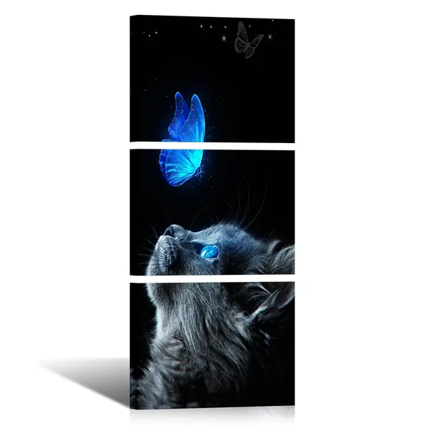 Multicolor_3_Piece_Cat_Butterfly_Wall_Art_Canvas_Prints_Black_Cat_Blue_Butterfly_Picture_Cat_Posters_|_For_Girls_Bedroom_Cat_Wall_Decor_Pet_Painting_|_For_Living_Room_Motivational_Office_12"X16"X3Pcs