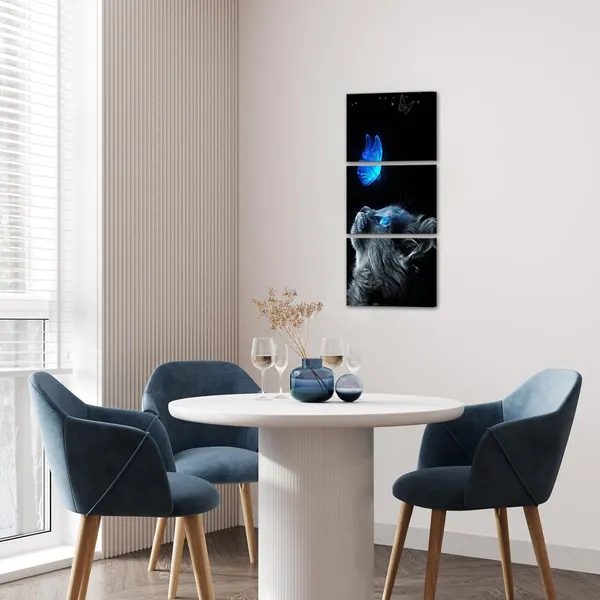 Multicolor_3_Piece_Cat_Butterfly_Wall_Art_Canvas_Prints_Black_Cat_Blue_Butterfly_Picture_Cat_Posters_|_For_Girls_Bedroom_Cat_Wall_Decor_Pet_Painting_|_For_Living_Room_Motivational_Office_12"X16"X3Pcs