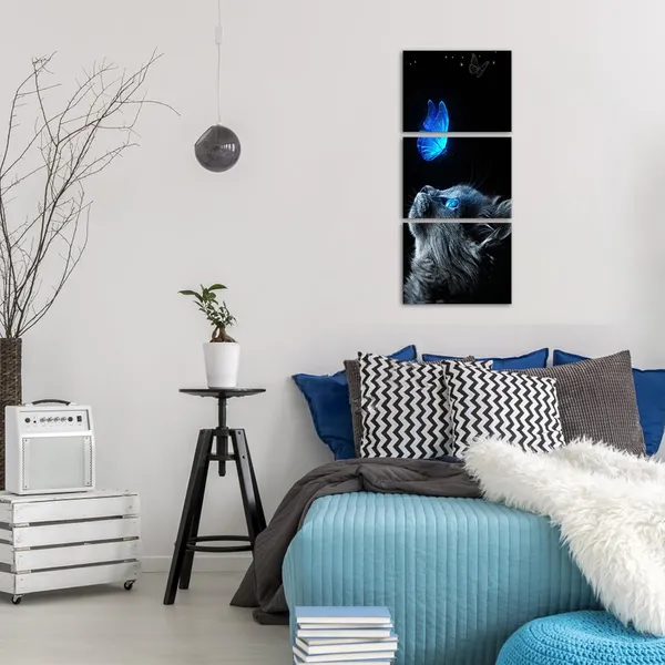Multicolor_3_Piece_Cat_Butterfly_Wall_Art_Canvas_Prints_Black_Cat_Blue_Butterfly_Picture_Cat_Posters_|_For_Girls_Bedroom_Cat_Wall_Decor_Pet_Painting_|_For_Living_Room_Motivational_Office_12"X16"X3Pcs