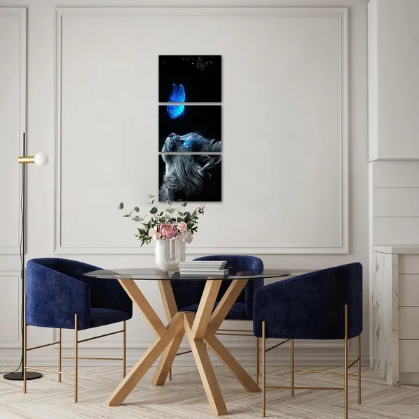 Multicolor_3_Piece_Cat_Butterfly_Wall_Art_Canvas_Prints_Black_Cat_Blue_Butterfly_Picture_Cat_Posters_|_For_Girls_Bedroom_Cat_Wall_Decor_Pet_Painting_|_For_Living_Room_Motivational_Office_12"X16"X3Pcs