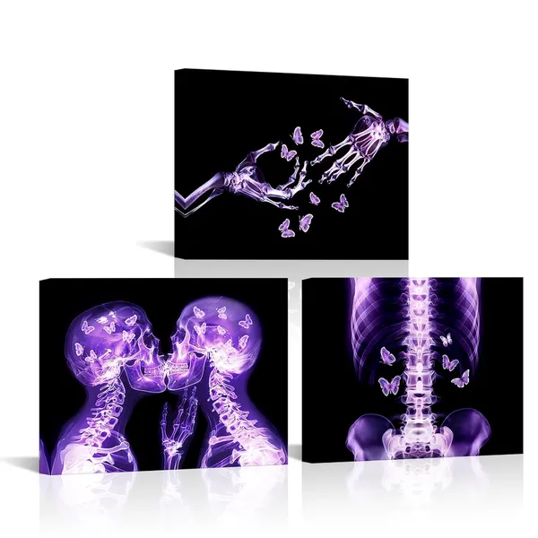 Multicolor_3_Pieces_Purple_Skull_Wall_Art_Canvas_Prints_Gothic_X-Ray_Human_Skull_With_Butterfly_Pictures_Abstract_Kissing_Skeleton_Lovers_Painting_Modern_Romantic_Bedroom_Decor_12"X16"X3