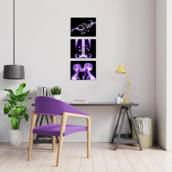 Multicolor_3_Pieces_Purple_Skull_Wall_Art_Canvas_Prints_Gothic_X-Ray_Human_Skull_With_Butterfly_Pictures_Abstract_Kissing_Skeleton_Lovers_Painting_Modern_Romantic_Bedroom_Decor_12"X16"X3