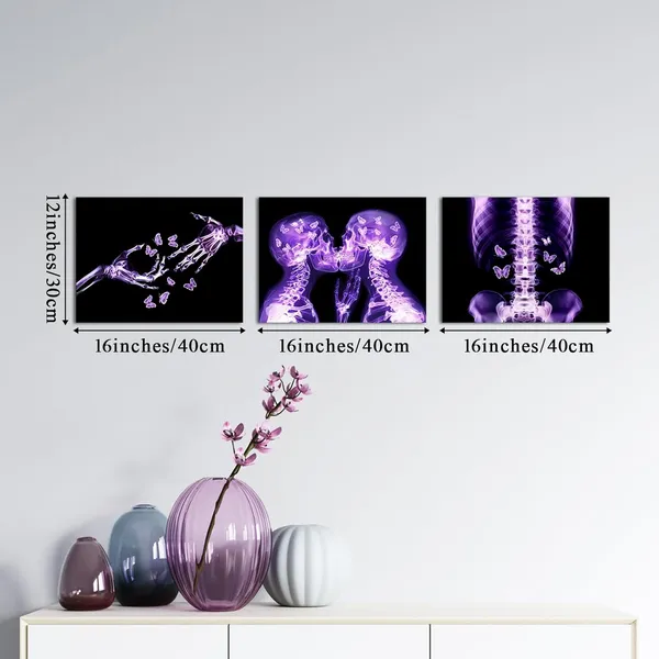 Multicolor_3_Pieces_Purple_Skull_Wall_Art_Canvas_Prints_Gothic_X-Ray_Human_Skull_With_Butterfly_Pictures_Abstract_Kissing_Skeleton_Lovers_Painting_Modern_Romantic_Bedroom_Decor_12"X16"X3