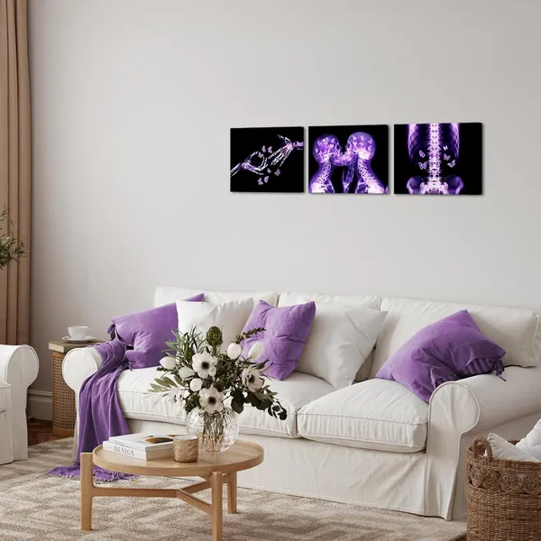Multicolor_3_Pieces_Purple_Skull_Wall_Art_Canvas_Prints_Gothic_X-Ray_Human_Skull_With_Butterfly_Pictures_Abstract_Kissing_Skeleton_Lovers_Painting_Modern_Romantic_Bedroom_Decor_12"X16"X3