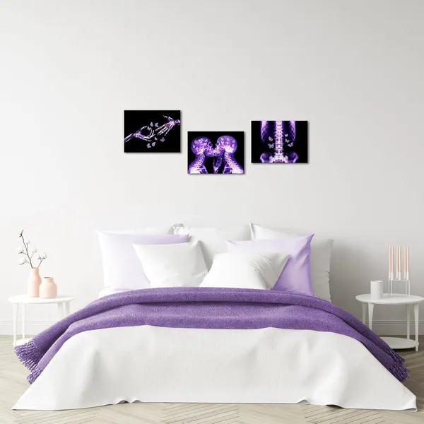 Multicolor_3_Pieces_Purple_Skull_Wall_Art_Canvas_Prints_Gothic_X-Ray_Human_Skull_With_Butterfly_Pictures_Abstract_Kissing_Skeleton_Lovers_Painting_Modern_Romantic_Bedroom_Decor_12"X16"X3