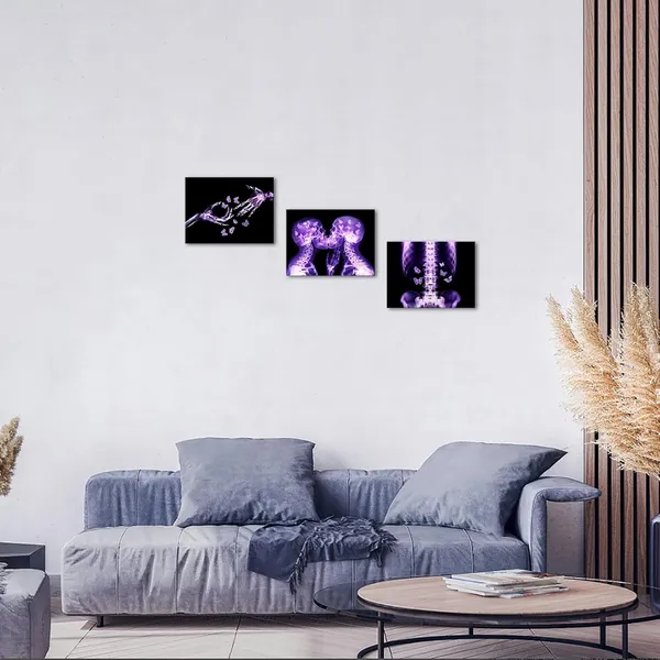 Multicolor_3_Pieces_Purple_Skull_Wall_Art_Canvas_Prints_Gothic_X-Ray_Human_Skull_With_Butterfly_Pictures_Abstract_Kissing_Skeleton_Lovers_Painting_Modern_Romantic_Bedroom_Decor_12"X16"X3