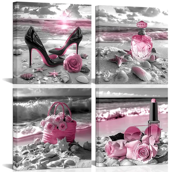 Multicolor_4_Pieces_Pink_Makeup_Room_Canvas_Wall_Art_Fashion_Perfume_High_Heels_Lipstick_Beach_Flower_Picture_Beauty_Salon_Woman_Wall_Decor_Print_Artworks_|_For_Bedroom_Girls_Room_12X12Inchx4