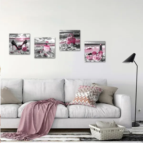 Multicolor_4_Pieces_Pink_Makeup_Room_Canvas_Wall_Art_Fashion_Perfume_High_Heels_Lipstick_Beach_Flower_Picture_Beauty_Salon_Woman_Wall_Decor_Print_Artworks_|_For_Bedroom_Girls_Room_12X12Inchx4