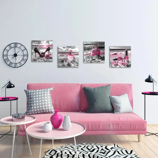 Multicolor_4_Pieces_Pink_Makeup_Room_Canvas_Wall_Art_Fashion_Perfume_High_Heels_Lipstick_Beach_Flower_Picture_Beauty_Salon_Woman_Wall_Decor_Print_Artworks_|_For_Bedroom_Girls_Room_12X12Inchx4