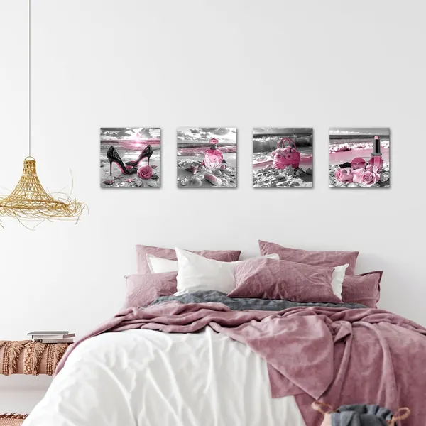 Multicolor_4_Pieces_Pink_Makeup_Room_Canvas_Wall_Art_Fashion_Perfume_High_Heels_Lipstick_Beach_Flower_Picture_Beauty_Salon_Woman_Wall_Decor_Print_Artworks_|_For_Bedroom_Girls_Room_12X12Inchx4