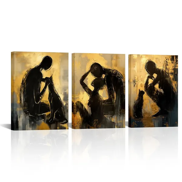 Multicolor_3_Pieces_Abstract_Wall_Art_Canvas_Prints_Couples_Men_Dog_Women_Cat_Abstract_Painting_Black_And_Gold_Yellow_Wall_Decor_Modern_Artwork_|_For_Living_Room_Bathroom_Bedroom_12"X16"X3Pcs