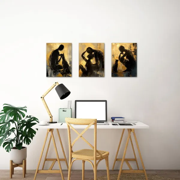 Multicolor_3_Pieces_Abstract_Wall_Art_Canvas_Prints_Couples_Men_Dog_Women_Cat_Abstract_Painting_Black_And_Gold_Yellow_Wall_Decor_Modern_Artwork_|_For_Living_Room_Bathroom_Bedroom_12"X16"X3Pcs