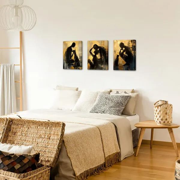 Multicolor_3_Pieces_Abstract_Wall_Art_Canvas_Prints_Couples_Men_Dog_Women_Cat_Abstract_Painting_Black_And_Gold_Yellow_Wall_Decor_Modern_Artwork_|_For_Living_Room_Bathroom_Bedroom_12"X16"X3Pcs