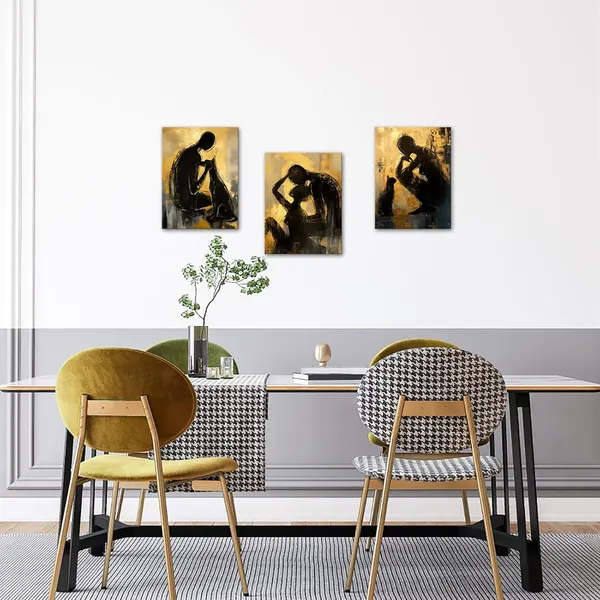 Multicolor_3_Pieces_Abstract_Wall_Art_Canvas_Prints_Couples_Men_Dog_Women_Cat_Abstract_Painting_Black_And_Gold_Yellow_Wall_Decor_Modern_Artwork_|_For_Living_Room_Bathroom_Bedroom_12"X16"X3Pcs