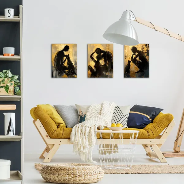 Multicolor_3_Pieces_Abstract_Wall_Art_Canvas_Prints_Couples_Men_Dog_Women_Cat_Abstract_Painting_Black_And_Gold_Yellow_Wall_Decor_Modern_Artwork_|_For_Living_Room_Bathroom_Bedroom_12"X16"X3Pcs