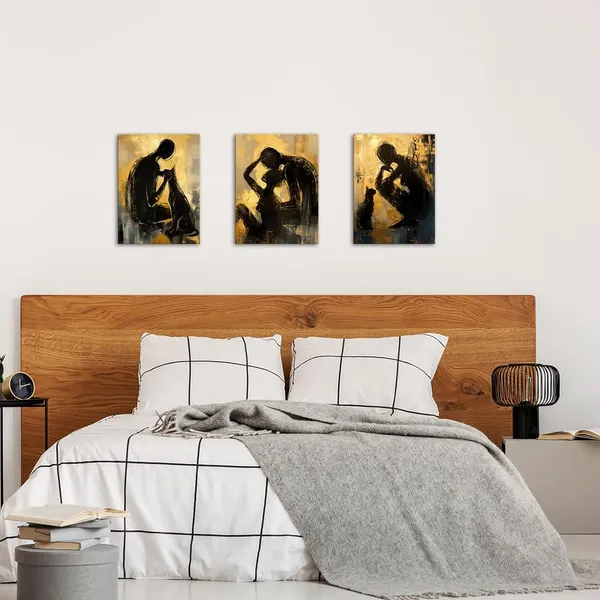Multicolor_3_Pieces_Abstract_Wall_Art_Canvas_Prints_Couples_Men_Dog_Women_Cat_Abstract_Painting_Black_And_Gold_Yellow_Wall_Decor_Modern_Artwork_|_For_Living_Room_Bathroom_Bedroom_12"X16"X3Pcs